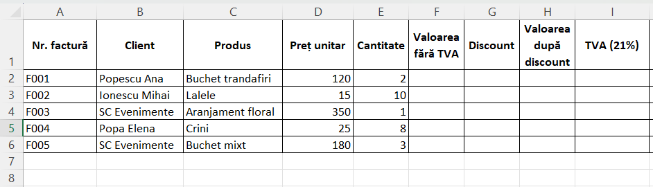 Excel — foldere fisiere, procente tva, tabel
